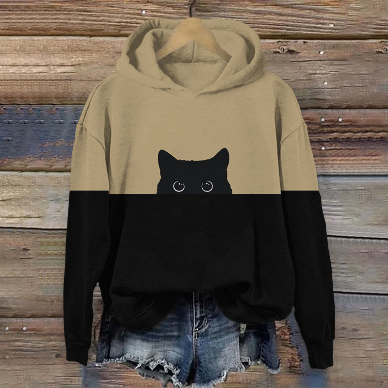 Women's Japanese Funny Black Cat Sticking Out Head Print Long Sleeve Hoodie - Apricot - 8XL - image 8