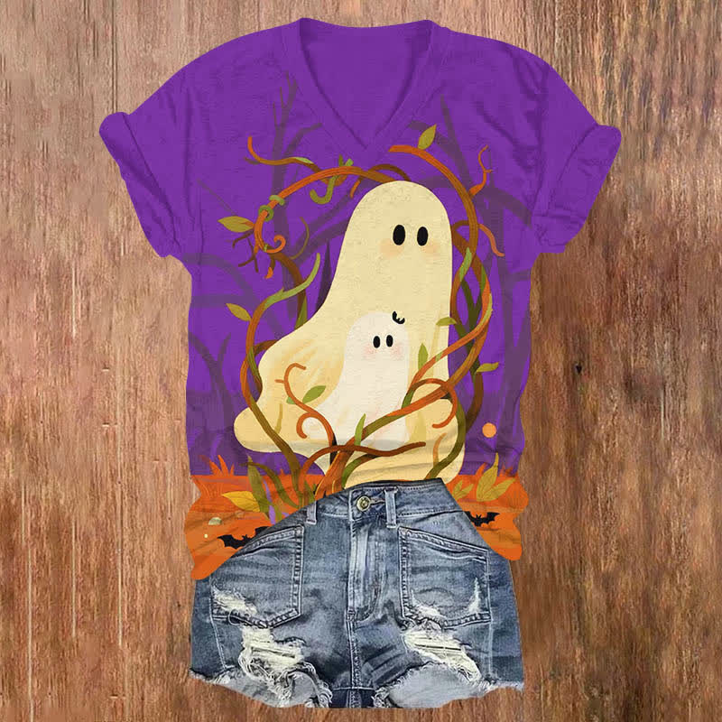 Halloween Creative Mother And Child Ghost Print V-neck T-shirt - Purple - US32-34(5XL) - image 2