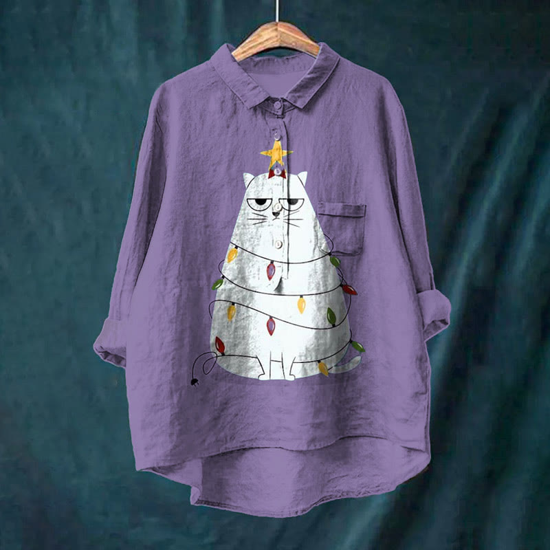 Funny Cat And Christmas Decoration Graphic Print Casual Lapel Blouse - image 3