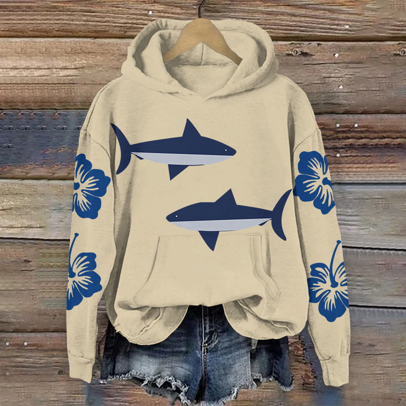 100% Cotton Shark And Dahlia Print Hoodie - Apricot - 2XL - image 2