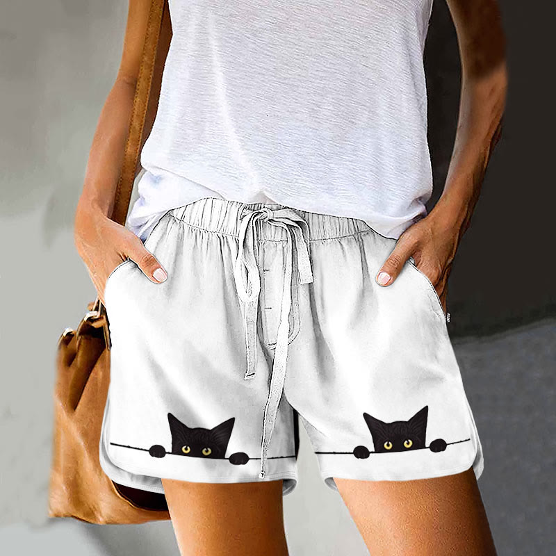 Casual Black Cat Print Drawstring Pocket Shorts - White - 5XL - image 3