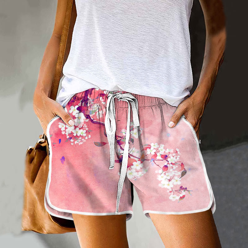 Japanese Antique Pear Blossom Ink Painting Print Pocket Shorts - Pink - 5XL - image 3