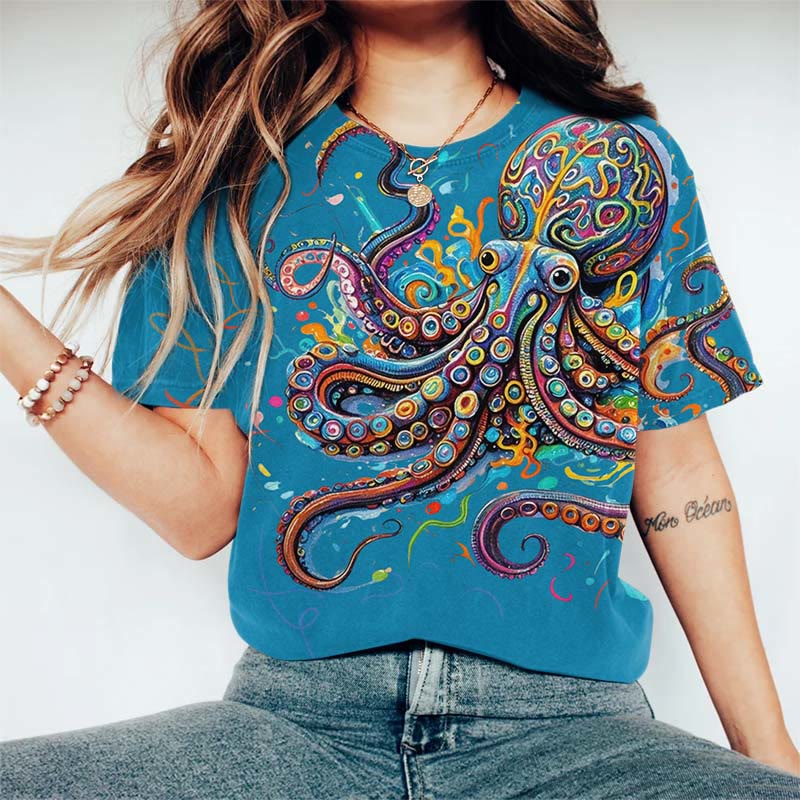 Vintage Rainbow Octopus Art Print Casaul T-shirt - Lake Blue - US44-46(8XL) - image 7