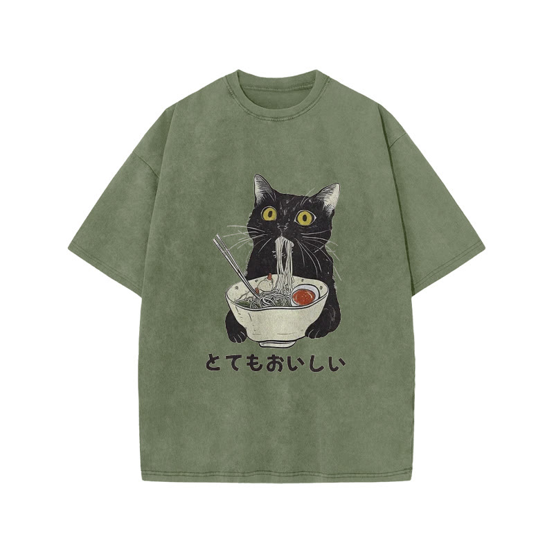 Unisex 100% Cotton Cats Eat Ramen Noodles Vintage Print Acid Washed T-shirt - Olive Green - 3XL - image 3