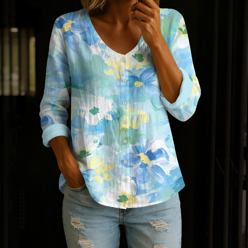 Watercolor Floral Art Print Button V-neck A-line Long Sleeve Blouse - Sky Blue - 4XL - image 1