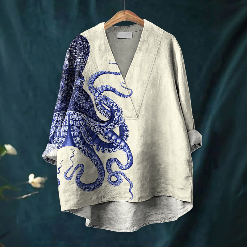 Japanese Art Octopus Graphic Print Casual V-neck Blouse - image 3
