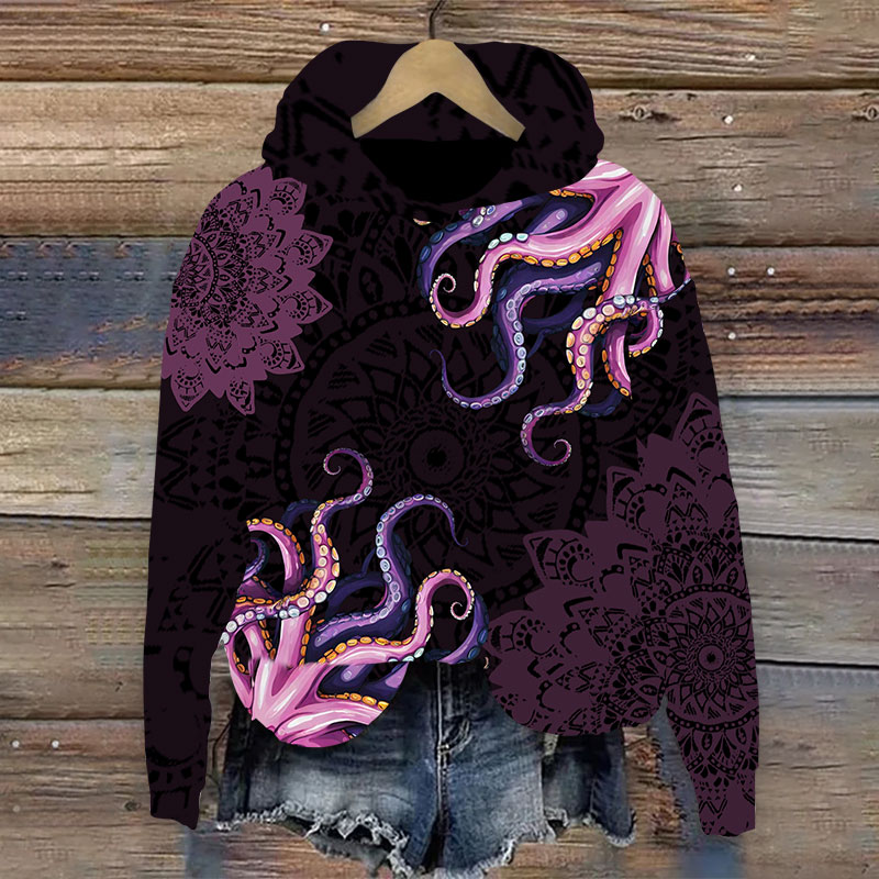 Vintage Flower & Octopus Art Print Long Sleeve Hoodie - Brown - US44-46(8XL) - image 2