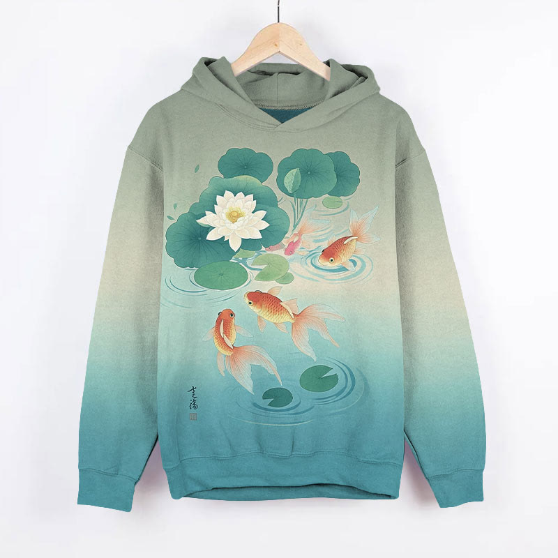 Lovely Cartoon Goldfish In Lotus Pond Art Print Long Sleeve Hoodie - Blue - US44-46(8XL) - image 3