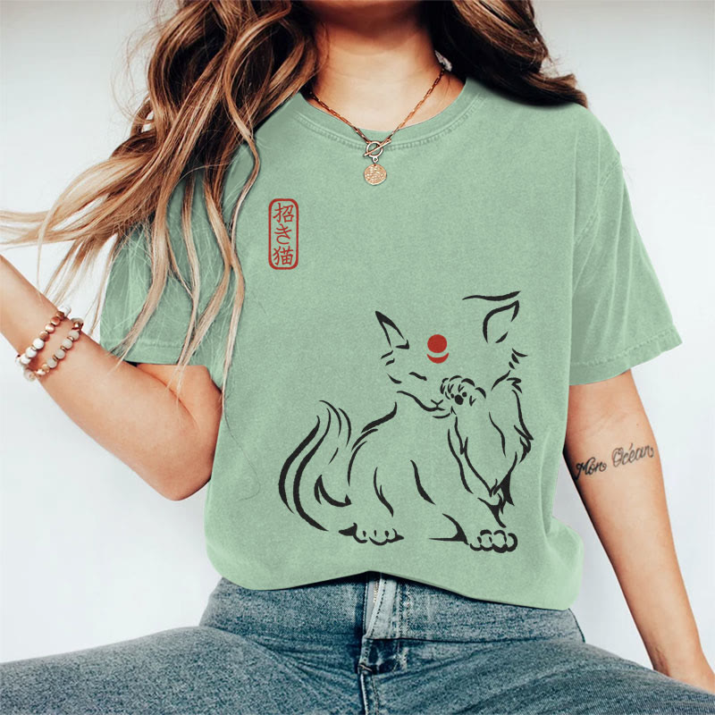 100% Cotton Women's Japanese Abstract Lucky Cat Art Print Casual T-shirt - Green - 2XL - image 5