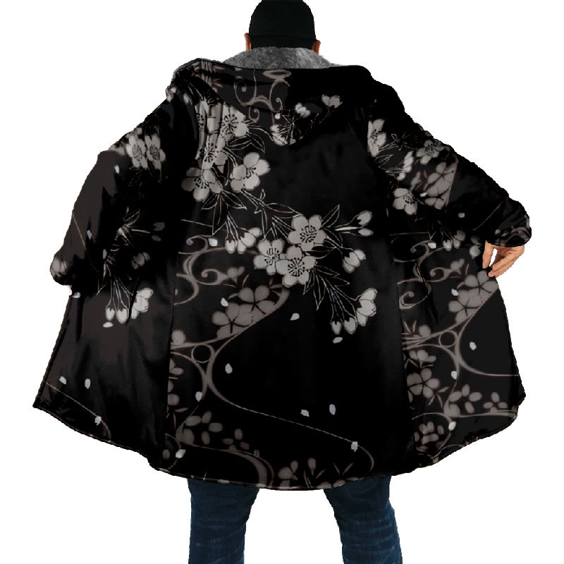 Retro Japanese White Sakura Art Print Unisex Plush Thick Long-sleeved Fleece Jacket Coat - image 4