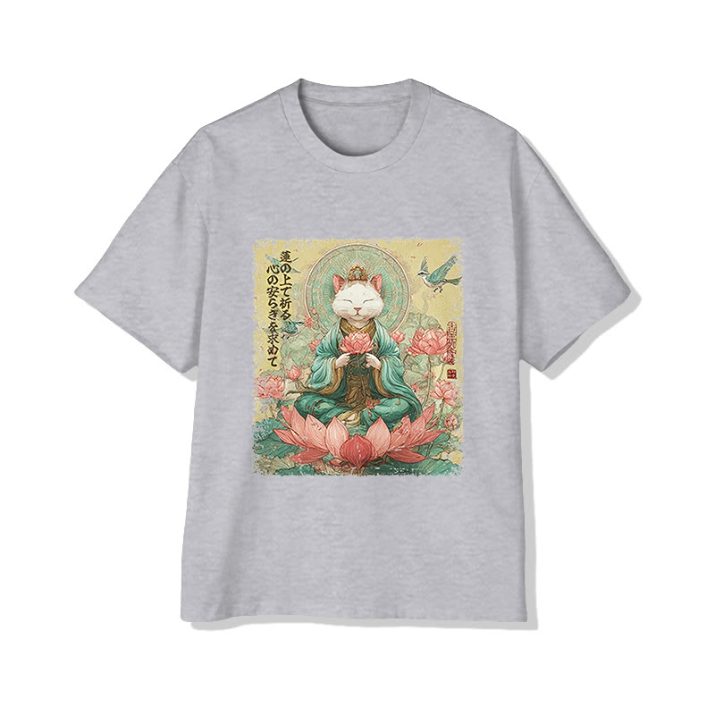 Unisex Japanese Love & Peace Lotus White Cat Print Short Sleeved Crew Neck T-shirt - Grey - 2XL - image 4