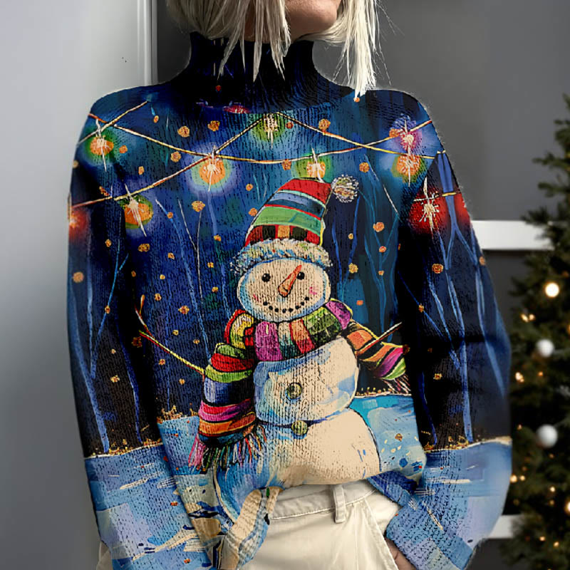 Women's Christmas Snowman With Bulb Lighting Print Turtleneck Pullover Sweater - image 2