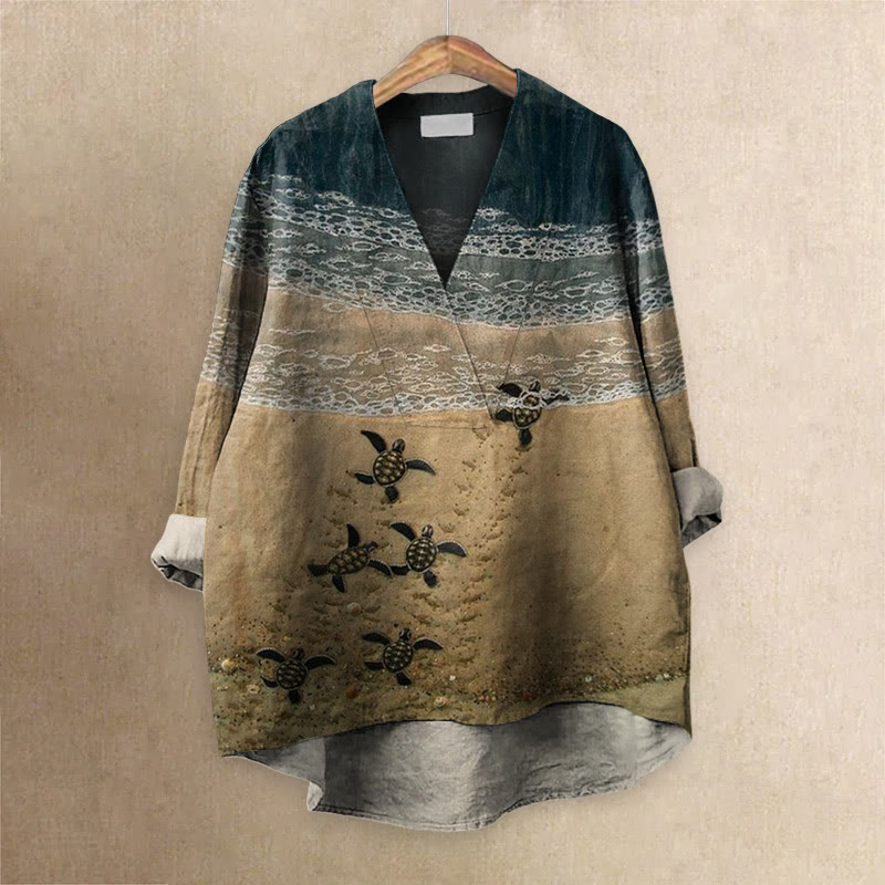 Baby Sea Turtles Beach Fiber Art Print Casual V-neck Blouse - Dark Green - 6XL - image 2