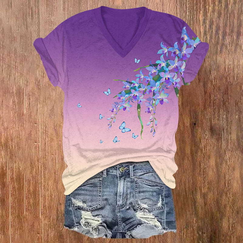 Vintage Ombre Violet Flowers Print V-neck T-shirt - Purple - US32-34(5XL) - image 3