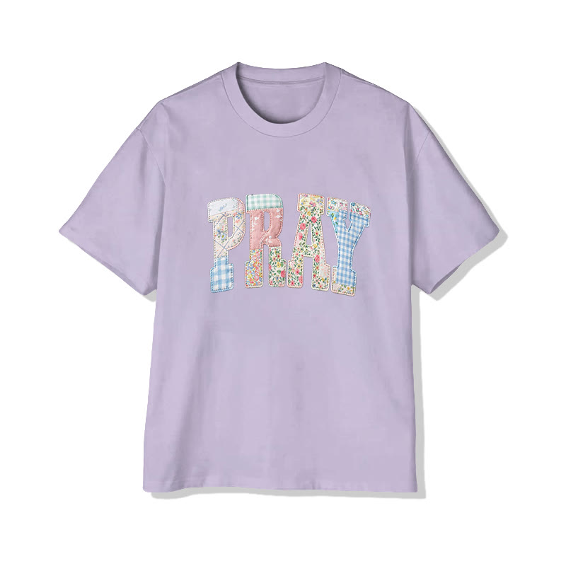 Vintage Floral Pray Christian Pattern Print Short Sleeved Round Neck Cotton T-shirt - Light Purple - US28-30(4XL) - image 8