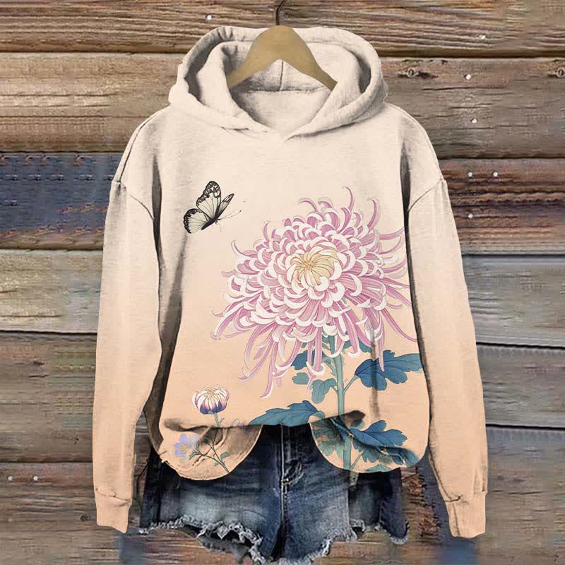 Japanese Vivid Pink Chrysanthemum Art Print Long Sleeve Hoodie - Pink - US44-46(8XL) - image 3