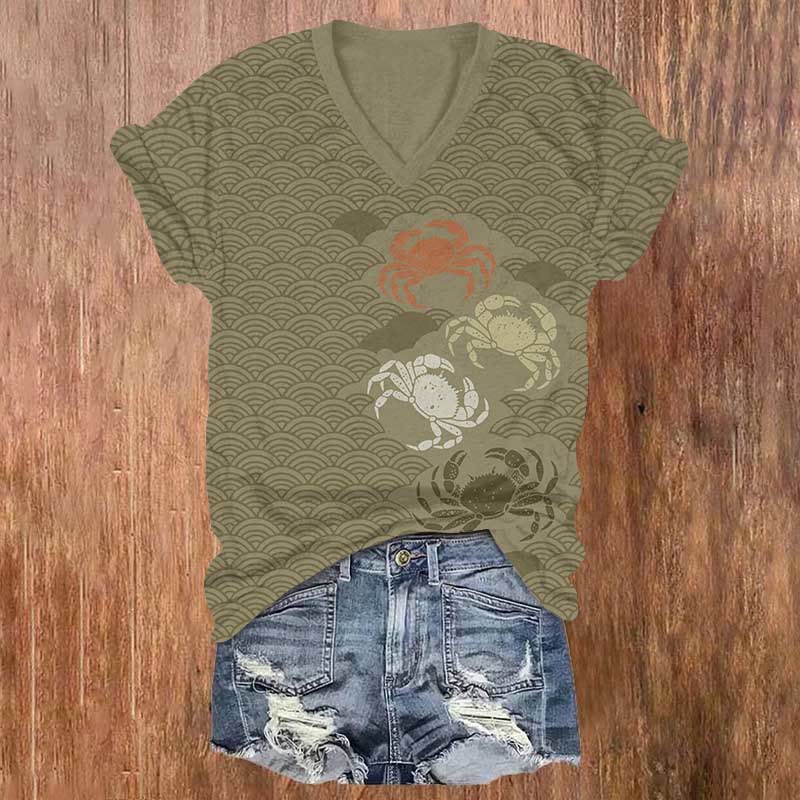Japanese Style Wave & Crab Art Print V-neck T-shirt - Olive Green - US32-34(5XL) - image 3