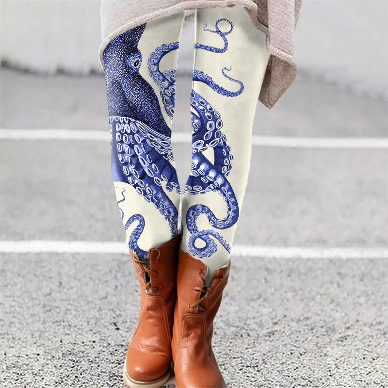 Japanese Art Octopus Graphic Print Leggings - White - 5XL - image 2