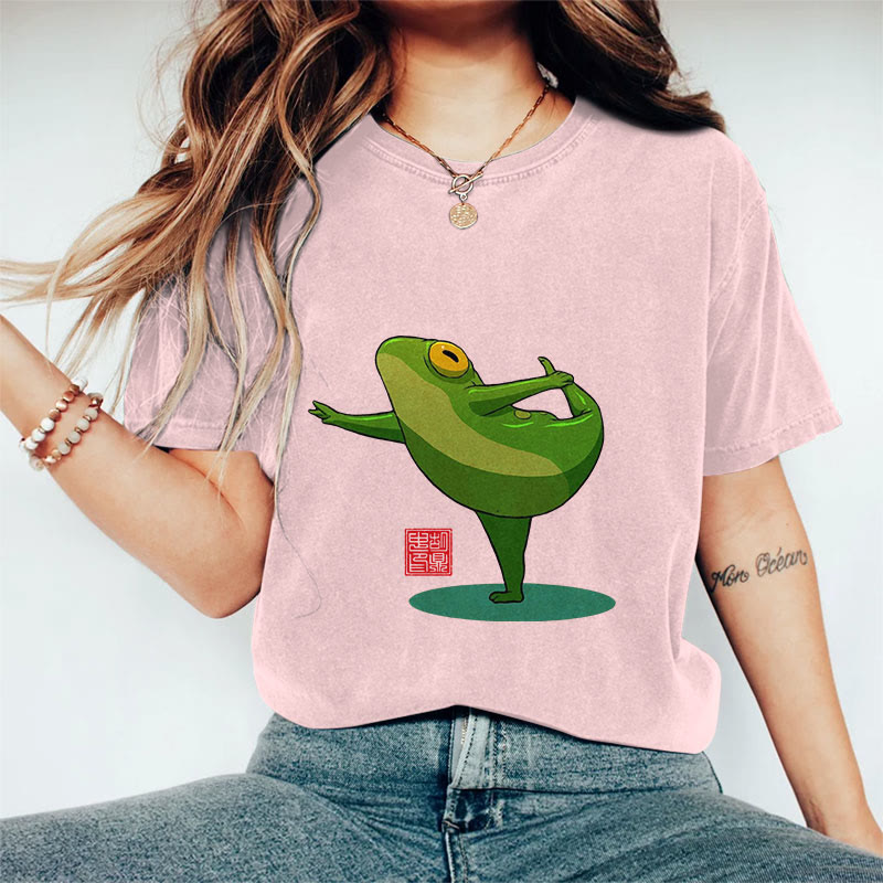 100% Cotton Funny Frog Yoga Art Print Casual T-shirt - Pink - 2XL - image 7
