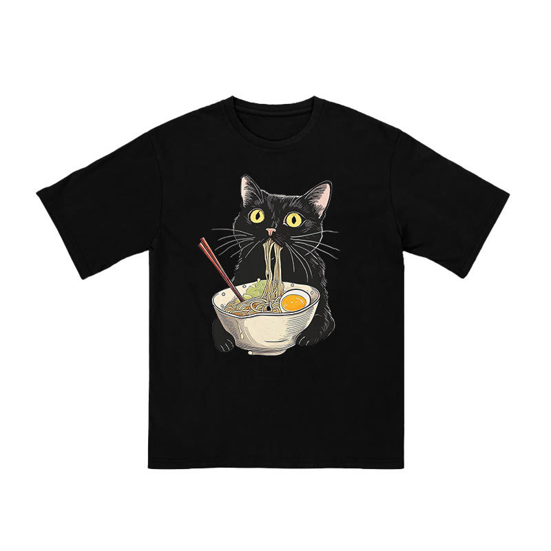 Unisex 100% Cotton Cat Eating Ramen Print T-shirt - Black - US20-22(3XL) - image 2