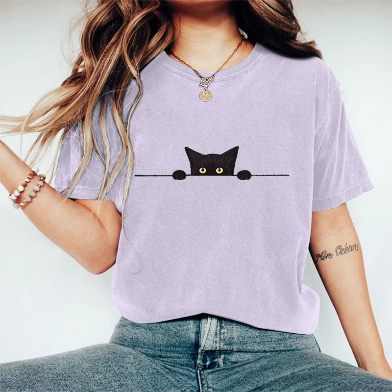 100% Cotton Women's Casual Black Cat Print Casual T-shirt - Purple - 2XL - image 8