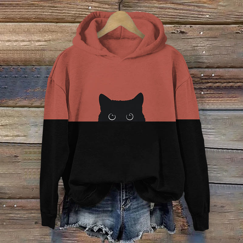 Women's Japanese Funny Black Cat Sticking Out Head Print Long Sleeve Hoodie - Red - 8XL - image 4
