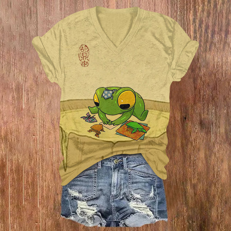 A Playful Frog Folding Paper Printed Short Sleeved V-neck T-shirt - Yellow - US32-34(5XL) - image 1