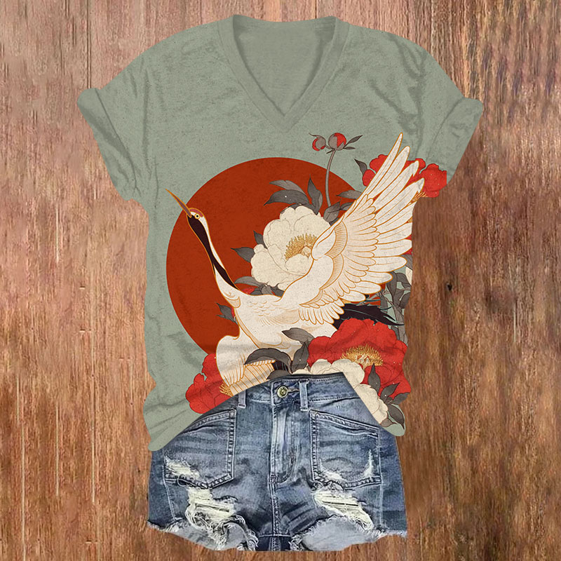 Japanese Vintage Crane Peony Flowers Print V-neck T-shirt - Green - US32-34(5XL) - image 2