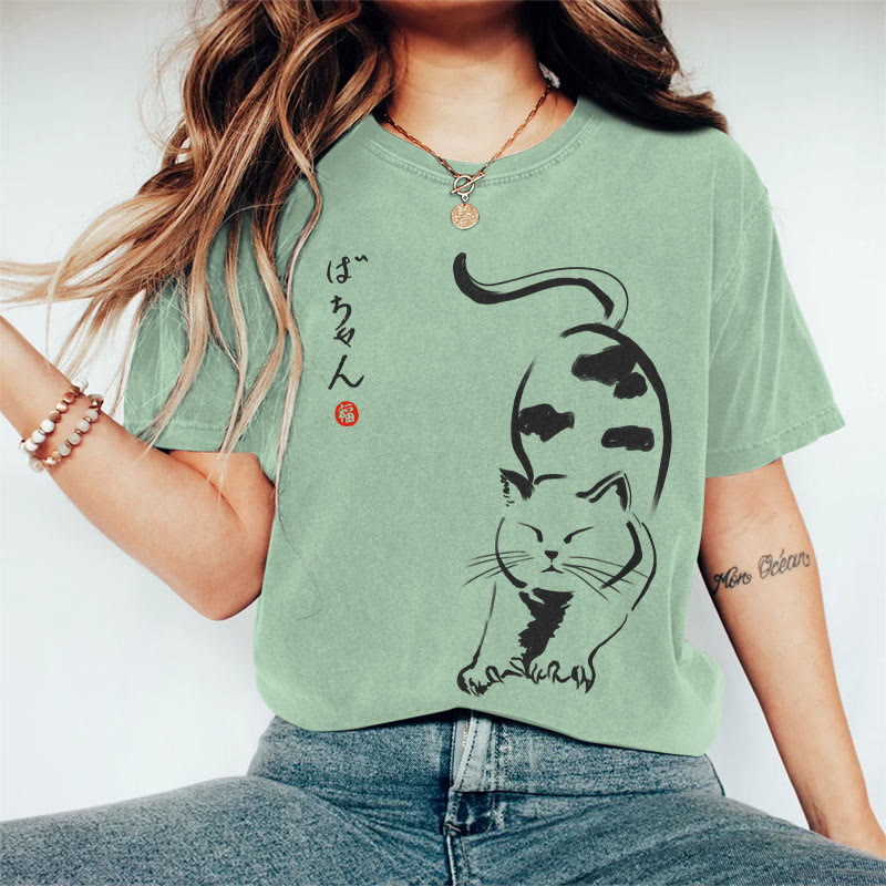 100% Cotton Women's Japanese Stretching Cat Art Print Casual T-shirt - Green - 2XL - image 2