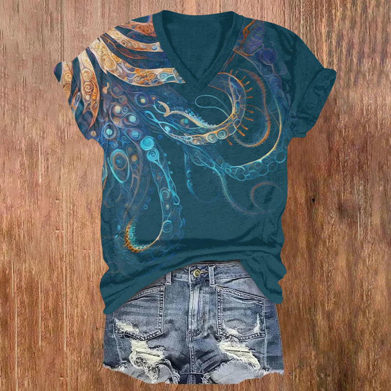 Octpus Print v-neck T-Shirt - Lake Blue - US32-34(5XL) - image 3