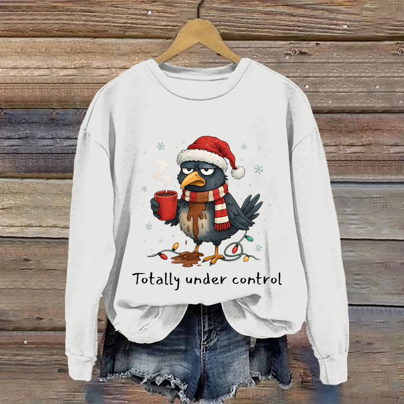 Christmas Fun Crow Drinking Coffee Pattern Print Long Sleeve Sweatshirt - White - US16-18(2XL) - image 4