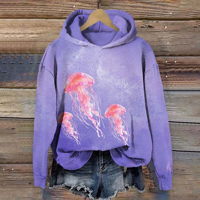Lovely Dancing Jellyfish Art Print Long Sleeve Hoodie - Purple - US44-46(8XL) - image 3