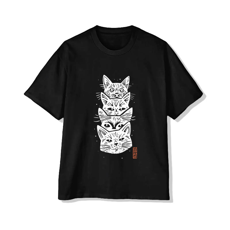 Unisex Japanese Style Stacked Cats Pattern Short Sleeved Crew Neck T-Shirt - Black - 2XL - image 3