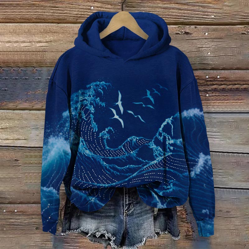 Ocean Wave Line Art Pattern Long Sleeve Hoodie - Blue - 8XL - image 1