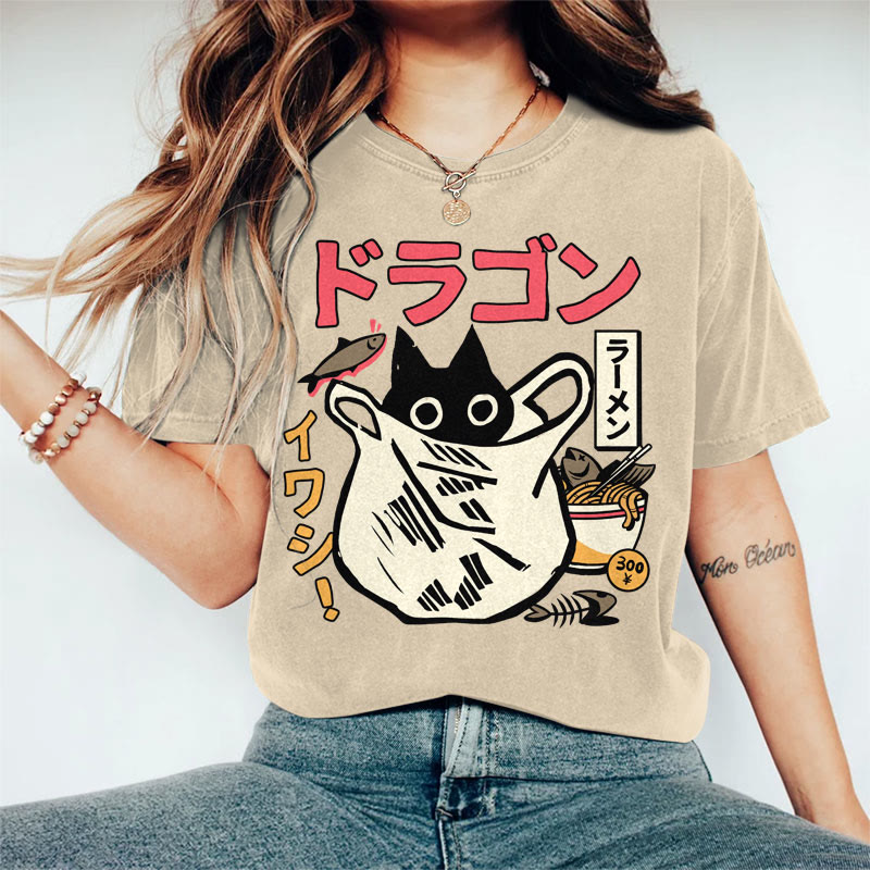 100% Cotton Women's Japanese Funny Cat & Fish Noodle Art Print Casual T-shirt - Khaki - 2XL - image 4