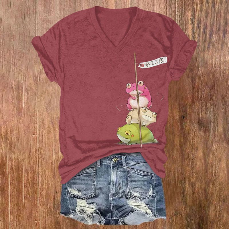 Japanese Art Frog Print V-neck T-shirt - Rose - US32-34(5XL) - image 3
