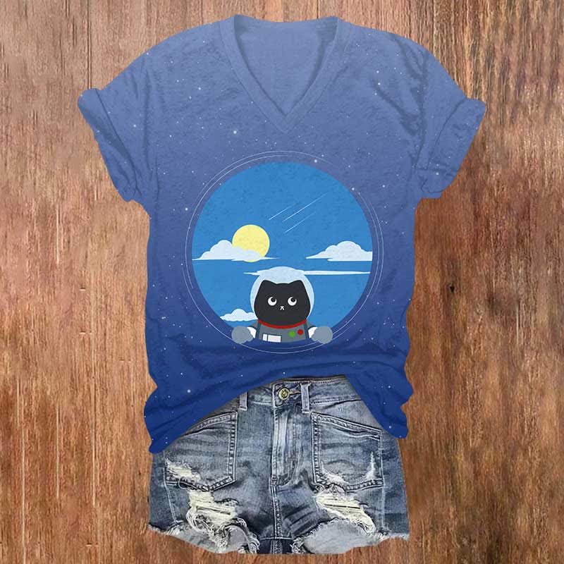 Curious Astronaut Cat Watching The Sky Print V-neck T-shirt - Light Blue - US32-34(5XL) - image 6
