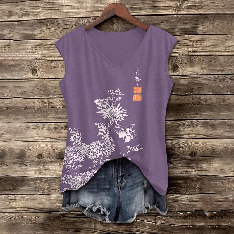 Vintage Chrysanthemum Print V-neck Tank Top - Purple - 5XL - image 7