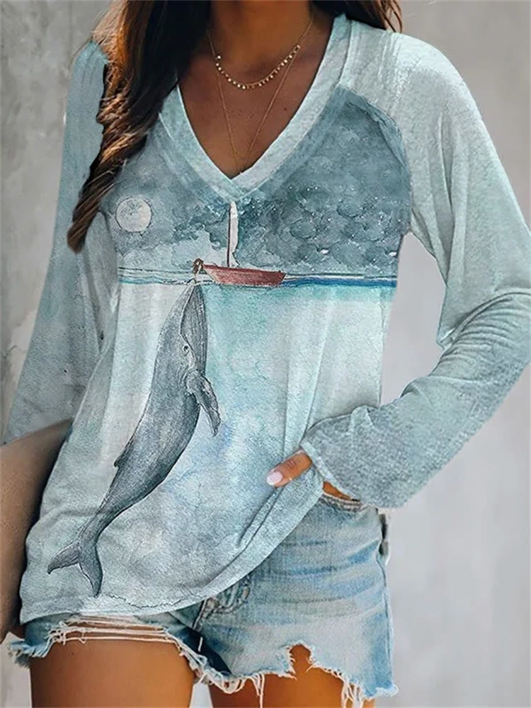Women's Humpback Whale Print Long Sleeve V-neck T-shirt - Light Blue - 5XL - image 1
