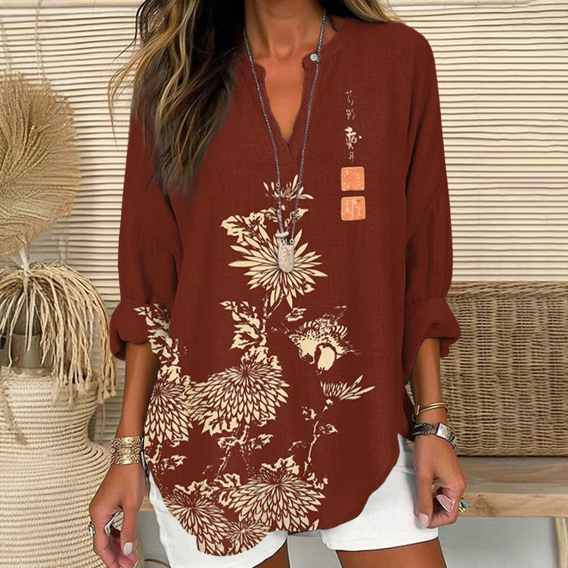 Vintage Chrysanthemum Printed V Neck Long Sleeve Blouse - Red - 8XL - image 7