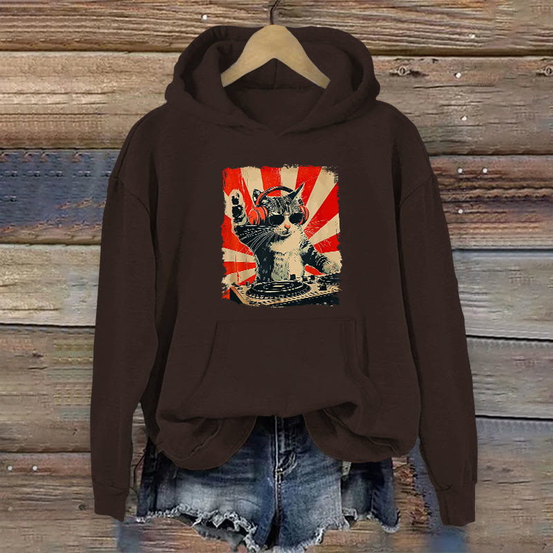 100% Cotton Dj Cat Print Women's Hoodie - Brown - 2XL - image 7