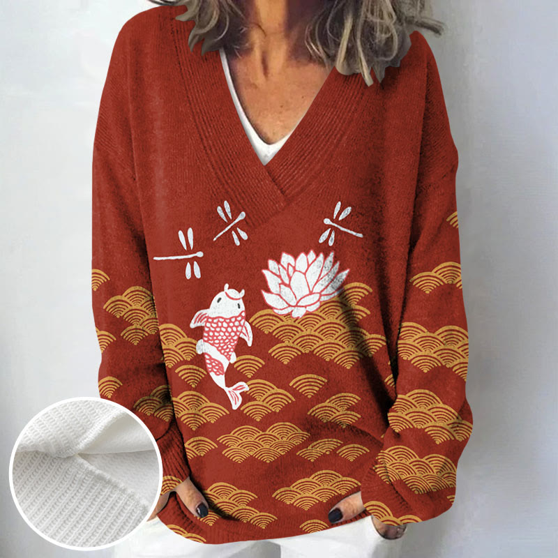 Japanese Style Koi Fish Dragonfly Wave Art Print Causal V-neck Pullover Sweater - image 12