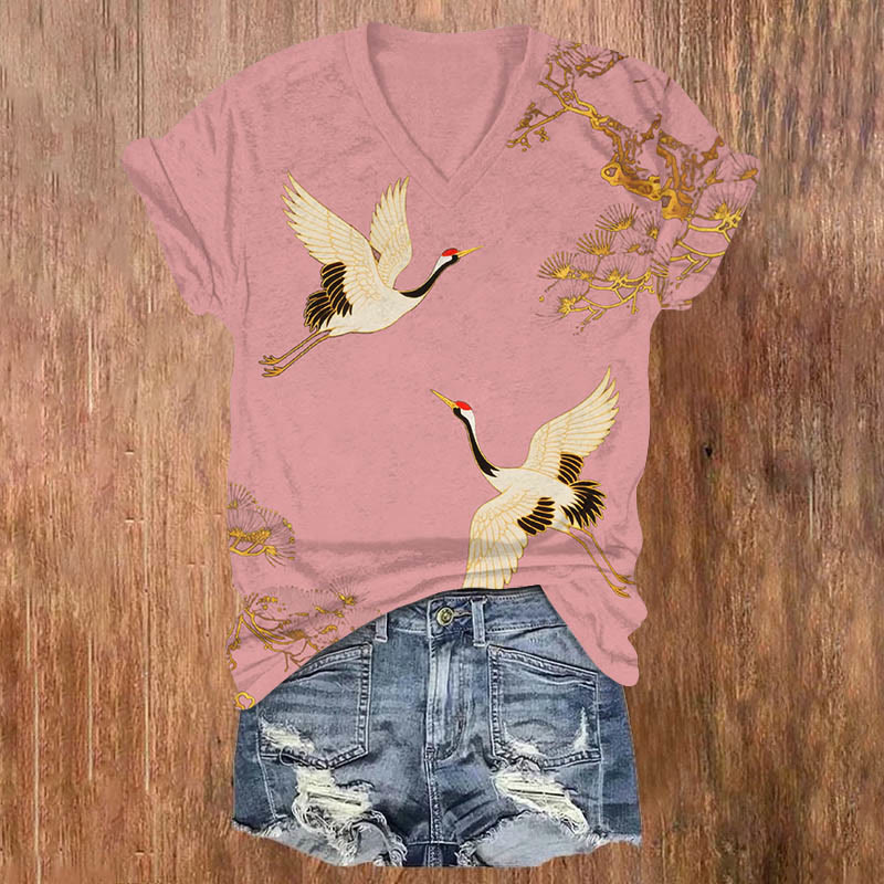 Japanese Vintage Couple Crane Art Print V-neck T-shirt - Pink - US32-34(5XL) - image 3