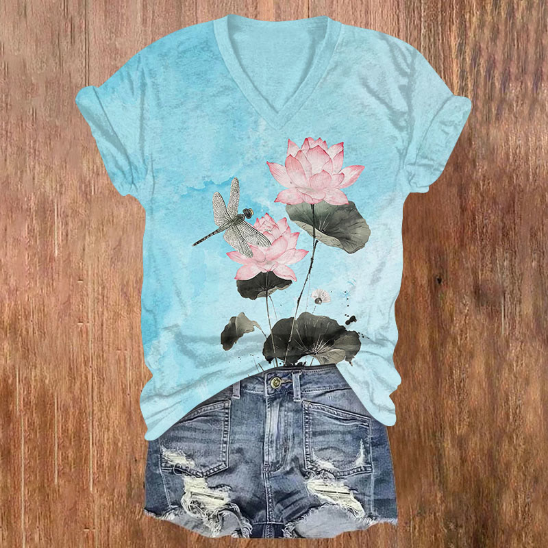 Watercolor Lotus Blossom & Dragonfly Art Print V-neck T-shirt - Blue - US32-34(5XL) - image 4