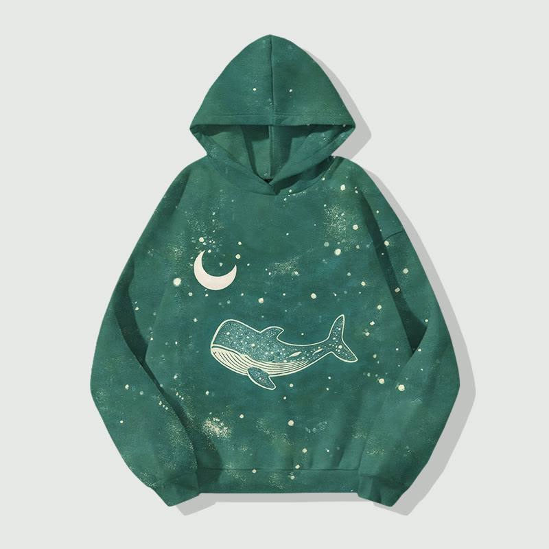 Lovely Cartoon Whale Under Starry Sky Art Print Long Sleeve Hoodie - Green - US44-46(8XL) - image 3