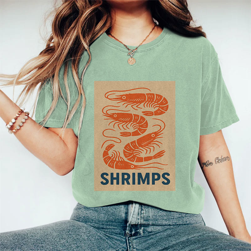 100% Cotton Women's  Japanese Shrimps  Art Print Casual T-shirt - Green - 2XL - image 6