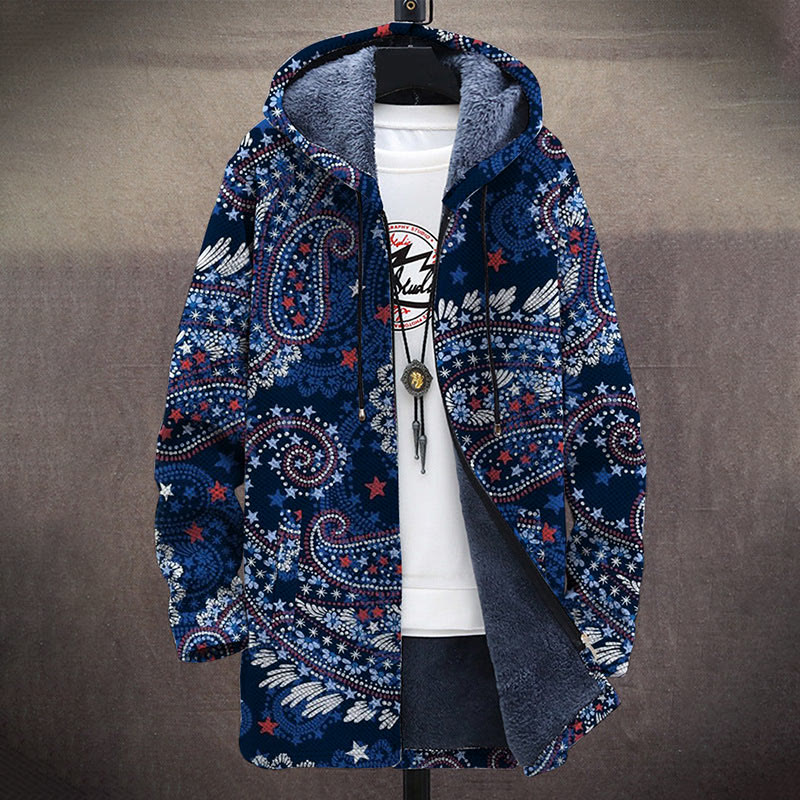 Blue Traditional Tribal Pattern Print Unisex Plush Thick Long-sleeved Fleece Jacket Coat - image 2