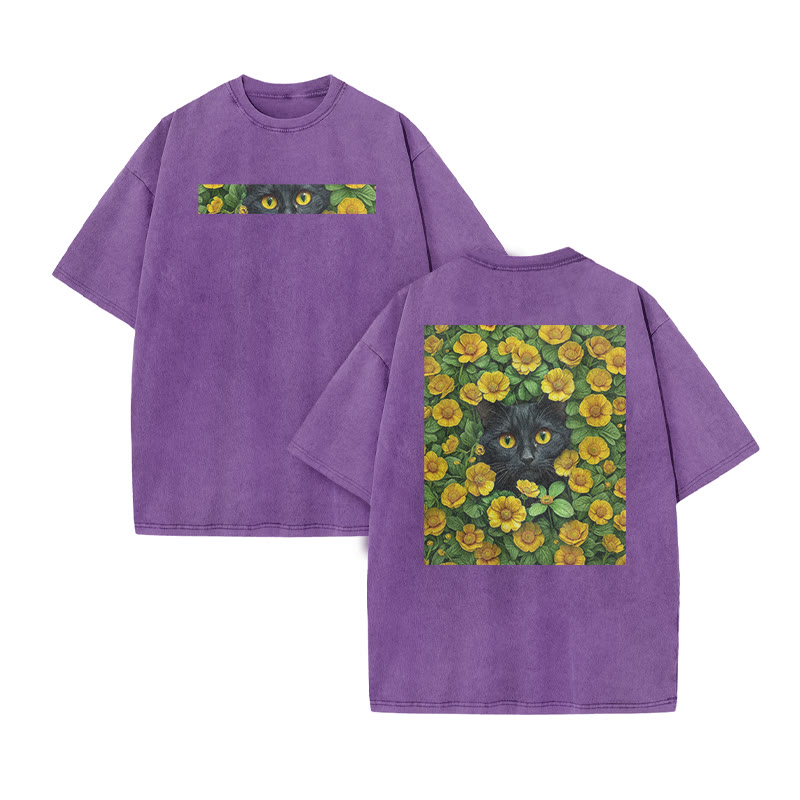 A Black Cat In A Field Of Yellow Flowers Print Acid Washed T-shirt - Purple - US20-22(3XL) - image 10
