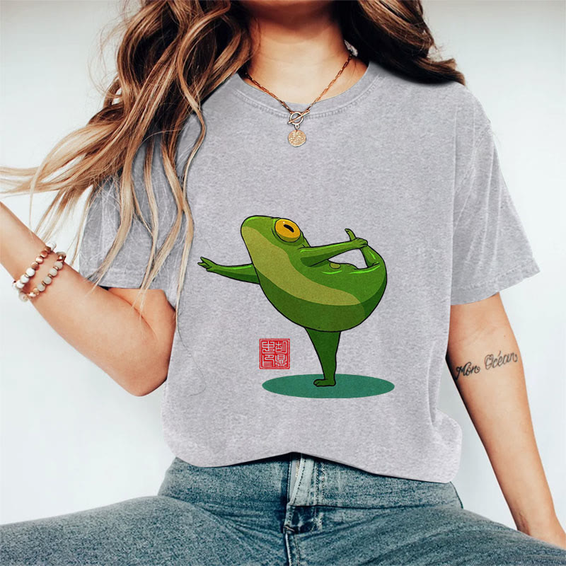100% Cotton Funny Frog Yoga Art Print Casual T-shirt - Grey - 2XL - image 4