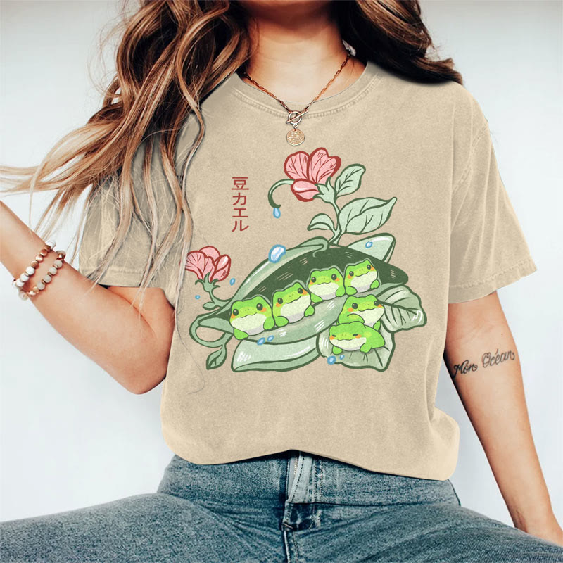 100% Cotton Women's Japanese Funny Frog Pods Art Print Casual T-shirt - Khaki - 2XL - image 5